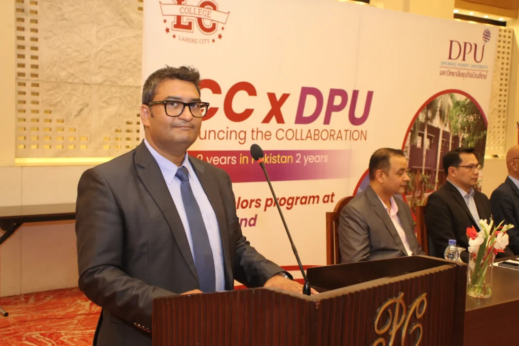 Lahore City College representative speaking at the LCC and DPU announcement